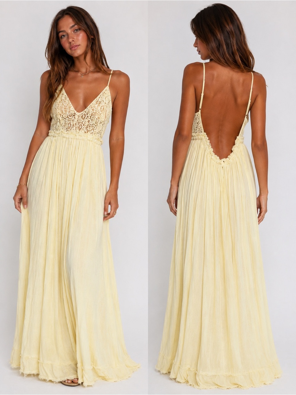Wishlist Yellow Lace Open Back Maxi Dress Women’s Large Boho Beach
